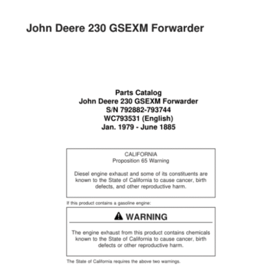 John Deere 230 GSEXM Forwarders (SN 792882-793744) Parts Catalog Manual