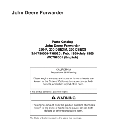 John Deere 230-F, 230 DSEXM, 230 DSEX Forwarders (SN 798001-798025) Parts Catalog Manual