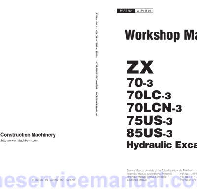 Cart Hitachi ZX70-3, ZX70LC-3, ZX70LCN-3, ZX75US-3, ZX85US-3 Excavator Repair Manual