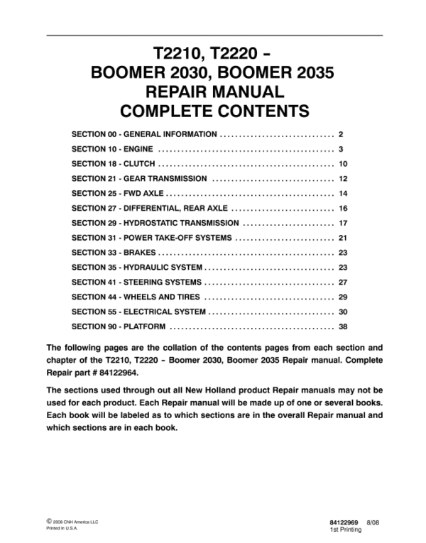 New Holland T2210 T2220 Cnh Quick Hitch 2030 2035 Boomer Operator Maintenance Manual