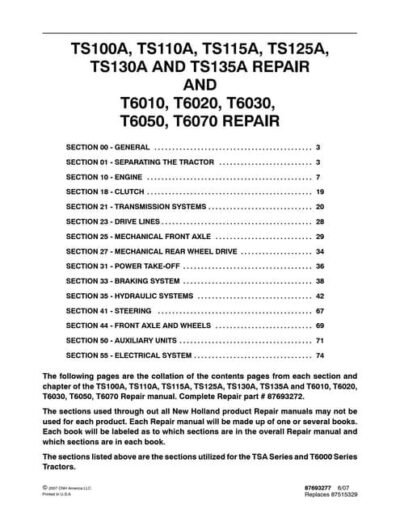 New Holland T6050 T6060 T6070 Tractors Parts Manual