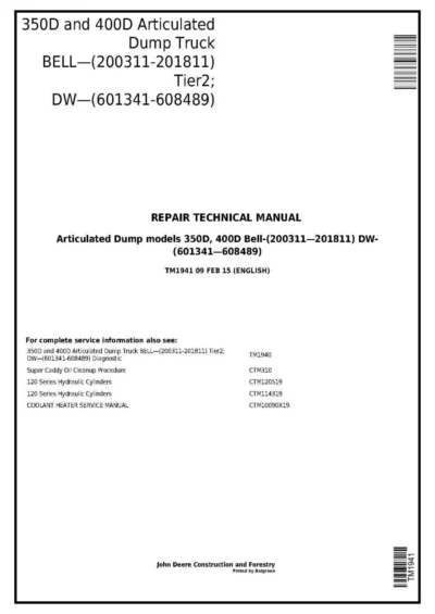 John Deere 350D, 400D Dump Truck Technical Manual (DW & BELL – S.N. 200311—201811)