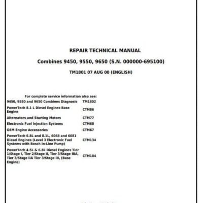 John Deere 9450 9650 Combines Service Repair Technical Manual