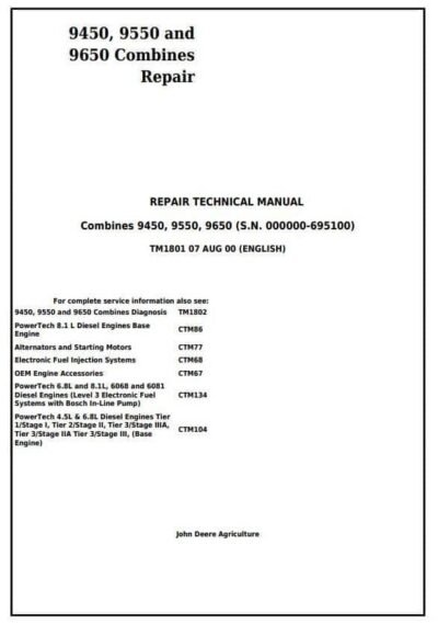 John Deere 9450 9650 Combines Service Repair Technical Manual