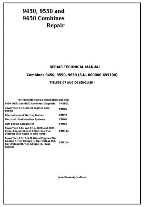 John Deere 9450 9650 Combines Service Repair Technical Manual