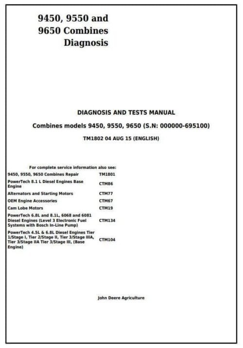 John Deere 9450 9550 9650 Combines Repair Technical Manual