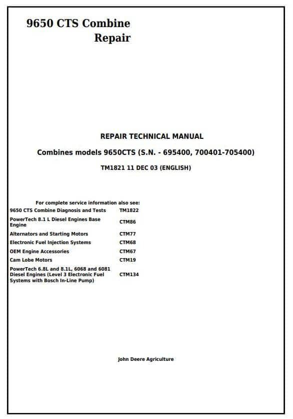 John Deere 9650CTS Combine Service Repair Technical Manual John Deere 9650CTS Combine Service Repair Technical Manual