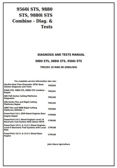 John Deere 9560i 9880 9880i STS Combines Diagnostic Manual
