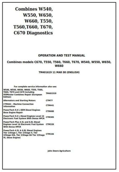 John Deere W540 T670 C670 Combines Diagnostic Manual
