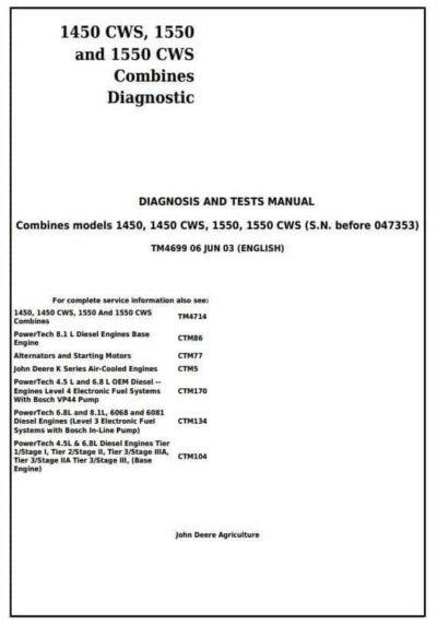 John Deere 1450 1550 1550CWS Combines Diagnosis Service Manual