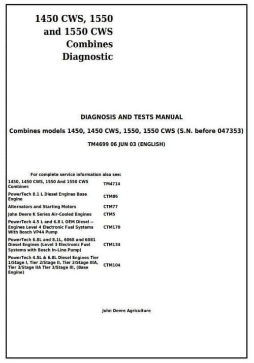 John Deere 1450 1550 1550CWS Combines Diagnosis Service Manual