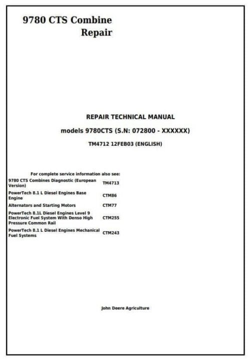 John Deere 9780 CTS Combine Repair Technical Service Manual
