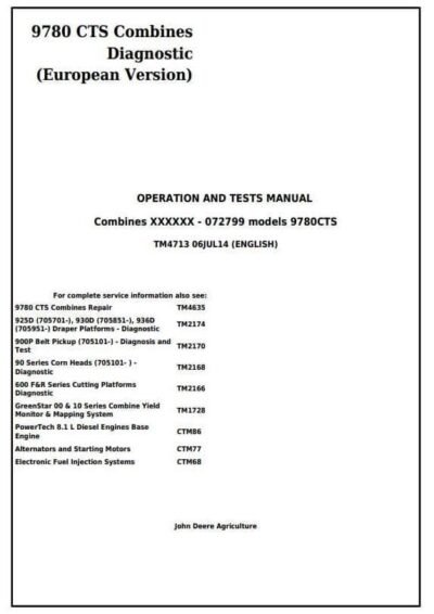 John Deere 9780 CTS Combines Diagnosis and Tests Service Manual