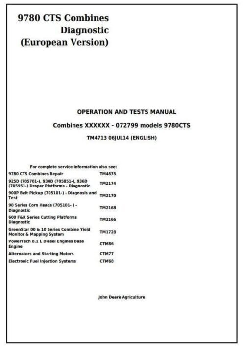 John Deere 9780 CTS Combines Diagnosis and Tests Service Manual