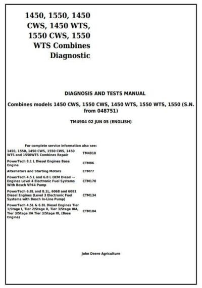 John Deere 1450CWS 1450WTS 1550CWS Diagnostic Manual TM4904 