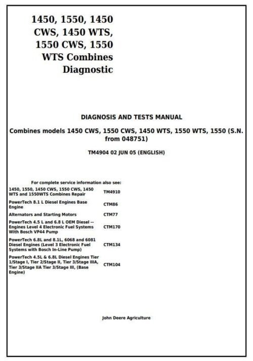 John Deere 1450CWS 1450WTS 1550CWS Diagnostic Manual TM4904 