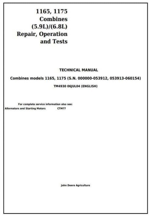 John Deere 1165 1175 Combines Diagnostic Service Manual