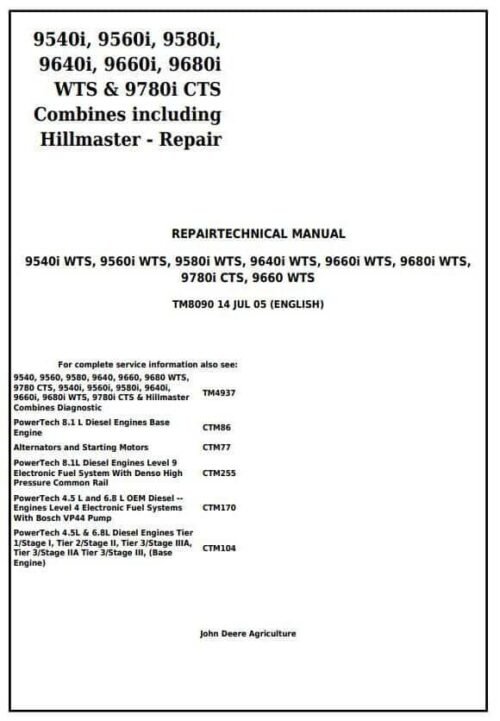 John Deere 9560i 9580i 9640i CTS Combines Repair Manual