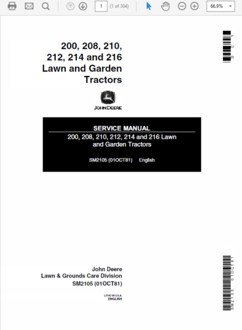 John Deere 200 214 216 Lawn Garden Service Manual