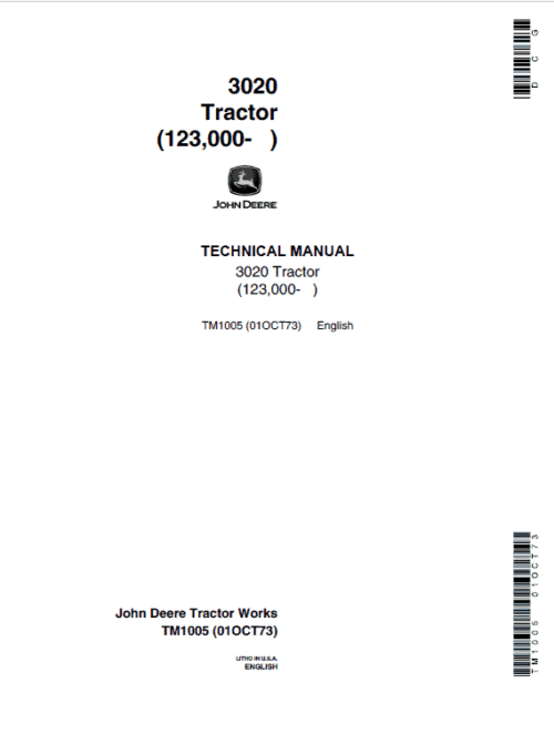 John Deere 3020 Row-Crop Tractor Repair Technical Manual SN. from 123000