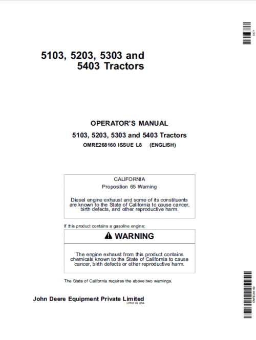 John Deere 5103, 5103S, 5103E, 5203 Tractors Repair Technical Manual