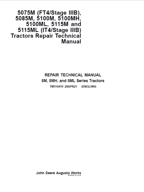 John Deere 5100M, 5100MH, 5100ML, 5115M, 5115ML (IT4) Tractors Repair Manual