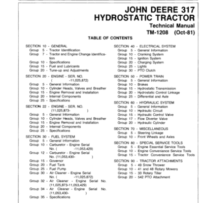 John Deere 317 Hydrostatic Tractor Technical Manual