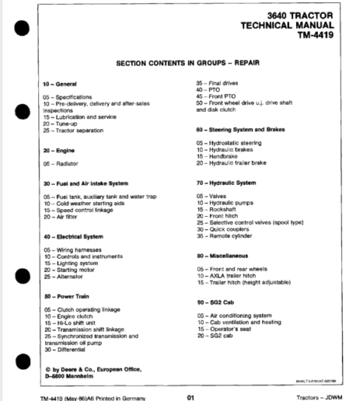 John Deere 3640 Tractor Repair Technical Manual (TM4419)