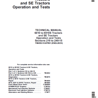 John Deere 6010, 6110, 6210, 6310, 6410, 6510, 6610 Tractor Technical Manual