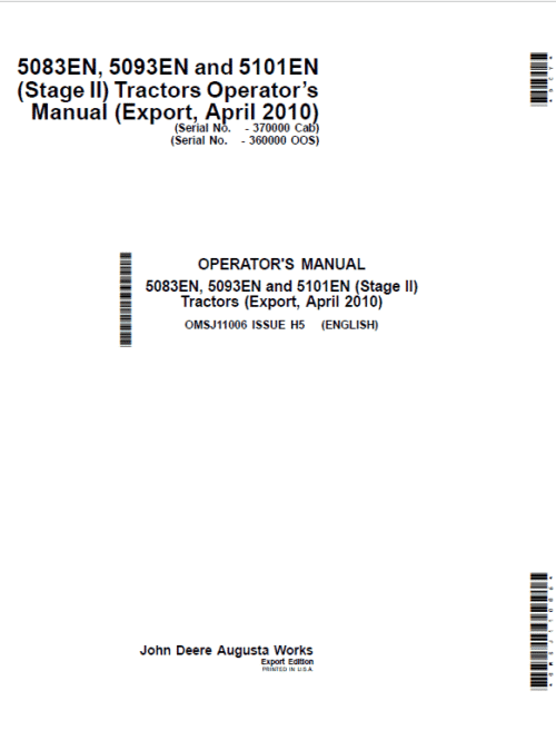 John Deere 5083EN, 5093EN, 5101EN (Tier 2 & 3 ) Repair Technical Manual