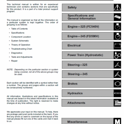 John Deere 325, 335 and 345 Lawn Garden Tractors Technical Manual