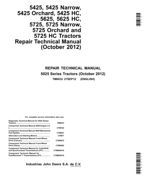 John Deere 5425 5625 5625 HC Tractors Repair Manual
