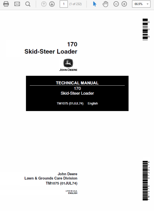 JOHN DEERE 170 Skid-Steer Loader Repair Technical Manual