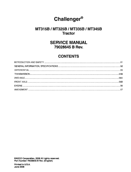 Challenger MT315B, MT325B, MT335B, MT345B Tractor Service Manual