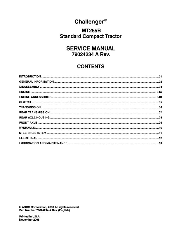 Challenger MT225B Tractor Service Manual Challenger MT225B Tractor Service Manual