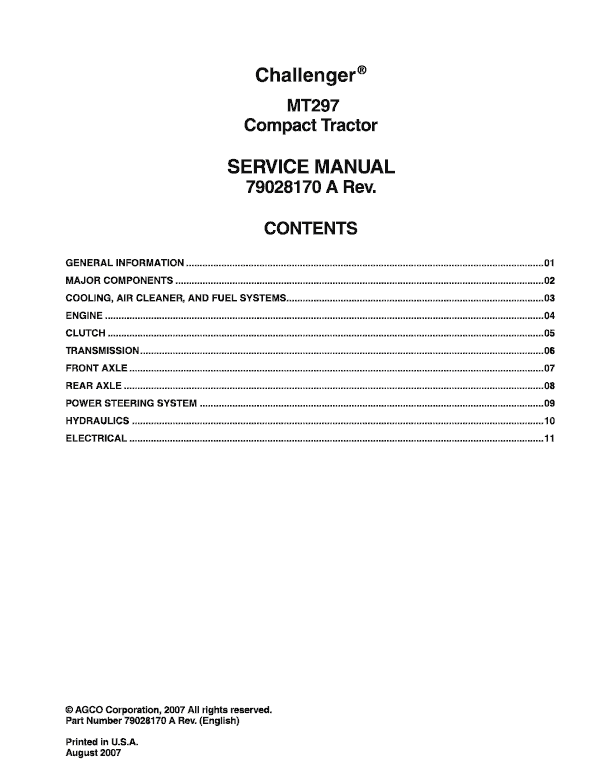 Challenger MT297 Tractor Service Manual Challenger MT297 Tractor Service Manual