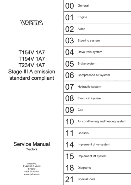 Valtra T154 V 1A7, T194 V 1A7, T234 V 1A7 Tractors (Stage III A) Service Repair Manual