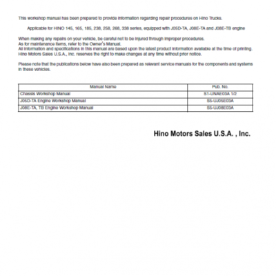 Hino 145, 165, 185, 238, 268, 308, 338 Series Year 2007 Repair Manual