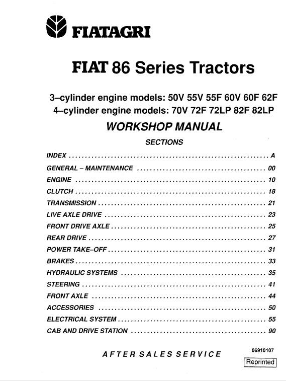 Fiat 70V, 72F, 72LP, 82F, 82LP Tractor Service Manual Fiat 70V, 72F, 72LP, 82F, 82LP Tractor Service Manual