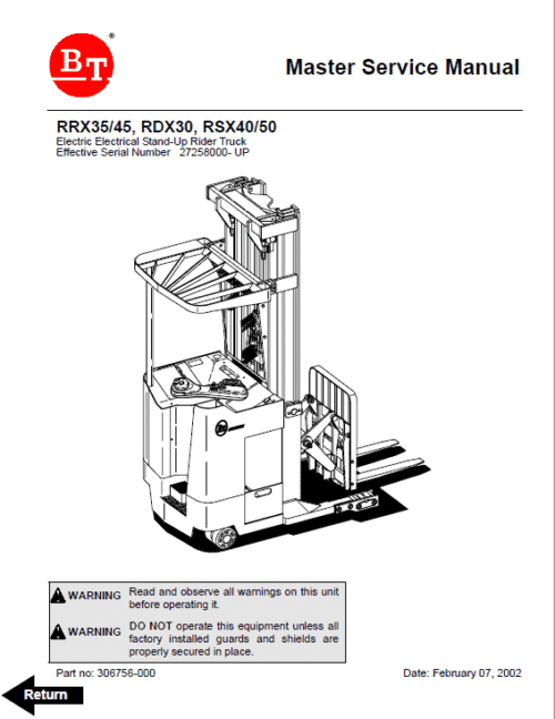 BT RRX35, RRX45, RDX30, RSX40, RSX50 Rider Truck Service Manual