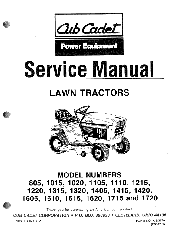 Cub Cadet 1220, 1315, 1320, 1405, 1415, 1420 Tractor Service Manual Cub Cadet 1220, 1315, 1320, 1405, 1415, 1420 Tractor Service Manual