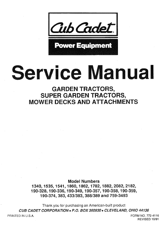 Cub Cadet 1860, 1862 and 1882 Service Manual Cub Cadet 1860, 1862 and 1882 Service Manual