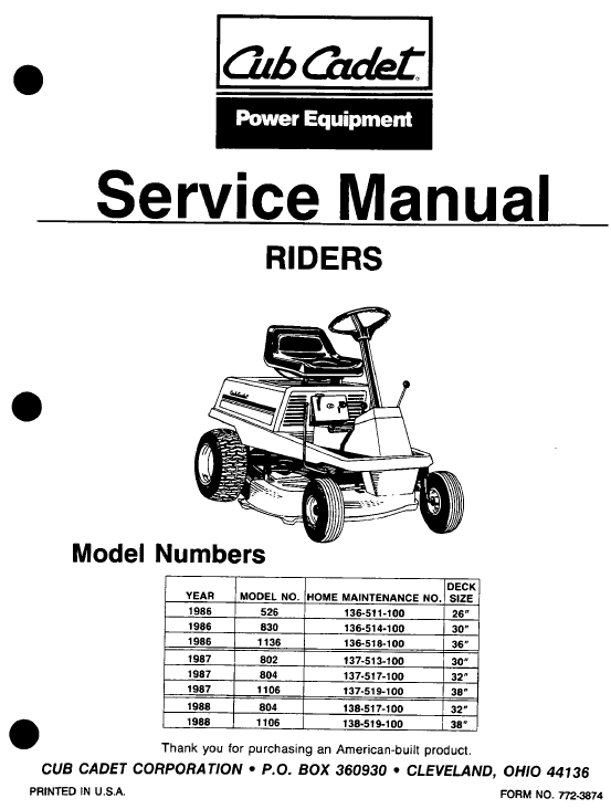 Cub Cadet 526, 802, 804, 830, 1106, 1136 Mower Service Manual Cub Cadet 526, 802, 804, 830, 1106, 1136 Mower Service Manual