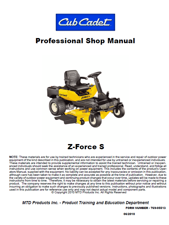 Cub Cadet Z-FORCE S Series (2010) Service Manual Cub Cadet Z-FORCE S Series (2010) Service Manual