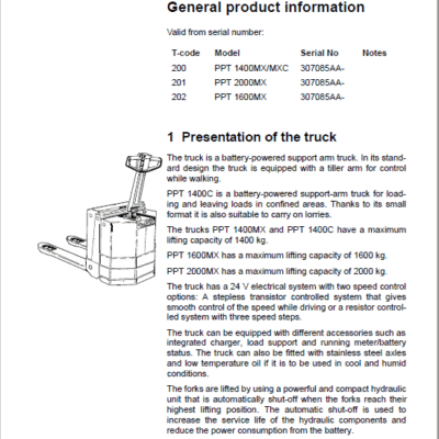 BT PPT 1400MX, PPT 1600MX, PPT 2000MX, PPL 2000MX Pallet Truck Manual