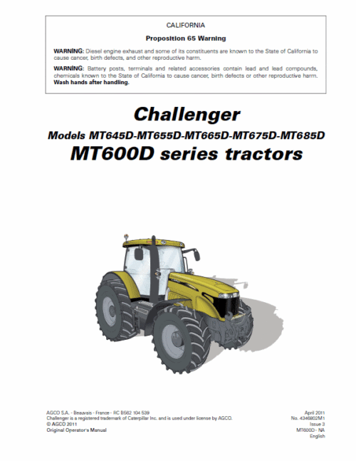 Challenger MT645D, MT655D, MT665D, MT675D, MT685D Tractor Workshop Manual