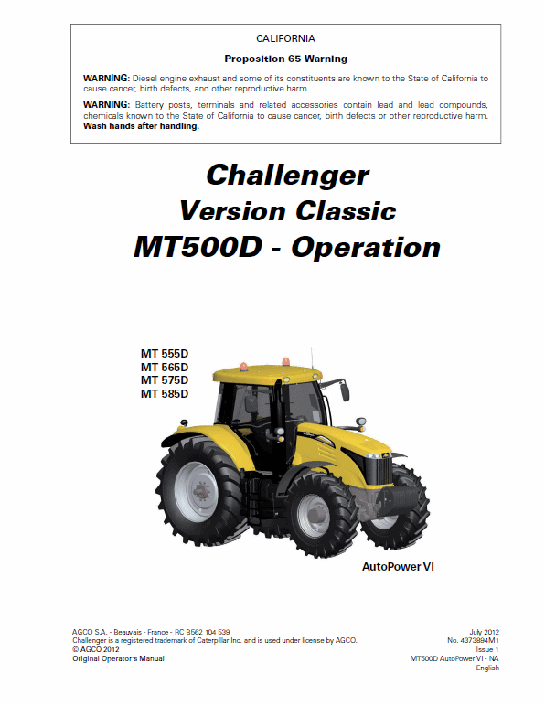Challenger MT555D, MT565D, MT575D, MT585D, MT595D Tractor Workshop Manual Challenger MT555D, MT565D, MT575D, MT585D, MT595D Tractor Workshop Manual
